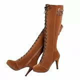 getmorebeauty Damen Wildleder Schnalle Rock Schnürschuh Reißverschluss Kniehohe Stiefel High Heel Stiefel, Braun, 37.5 EU