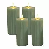 Relaxdays LED Kerzen, 4er Set, HxD: 18 x 7,5 cm, flackernde Flamme, Echtwachs, Rillen, flammenlose Blockkerzen, Salbei