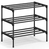 SONGMICS Schuhregal, 3 Ebenen, Schuhablage schmal, Schuh-Organizer Metall, Flur, Wohnzimmer, Kleiderschrank, platzsparend, stapelbar, 30 x 45 x 48,5 cm, schwarz LSA113BH01