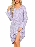 ENJOYNIGHT Damen Nachthemd V-Ausschnitt Baumwolle Schlafshirt Frauen Weiche Schlafhemd Nachtwäsche mit Taschen (XX-Large,Lila Stern)