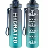 QLUR Trinkflasche, 1L BPA-Frei Tritan Wasserflasche mit Strohhalm, Trinkflasche Sport Auslaufsicher mit Zeitmarkierung und Bürste, Sportflasche für Fitness, Schule, Yoga, Outdoor(1 Flasche)