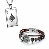 Flongo Herren Armband Kette Lederarmband Herren Männer Anhänger Männer Armband Herren Armreif Leder Armband Anhänger Halskette mit Spielkarte Joker Royal Flush Poker Karten Set Braun