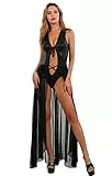 MISS NOIR Damen Langes Kleid mit verdecktem Body und Tüllrock –Sexy Partykleid Clubwear Wetlook Glitzereffekt (Schwarz (19542), XXL-3XL)