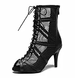 MINITOO Damen Latin Standard Tanzschuhe Mesh Abend Sandalen Stiefeletten Sommer Sexy Tanzstiefel L555 Schwarz EU 38