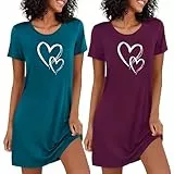 Marvmys 2er Nachthemd Damen Kurzarm Schlafshirt Baumwolle Printed Sleepshirt Sommer T-Shirt Schlafhemd Frauen Nachtwäsche Schlafkleid