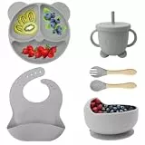Eliano 6-teiliges Silikon Baby Geschirr Set – BPA-frei – Rutschfester Teller & Schüssel, Lätzchen, Trinklernbecher mit Strohhalm & Besteck – Baby Led Weaning Set (Grau)