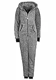 Eight 2 Nine Damen Teddyfleece Jumpsuit mit Kapuze und Öhrchen, Flauschiger Overall mit Daumenlöchern, kuschelig bequemer One-Piece für entspannte Stunden, schwarz, grau, rosa XS-XL Dark-Grey S/M