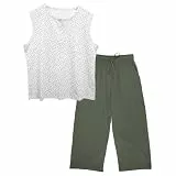 OCCIENTEC Schlafanzug Damen aus Baumwolle Blumendruck Rundhalsausschnitt Ärmellose Tanktop + Armee Grün 3/4 Lange Schlafhosen Damen Senioren,M