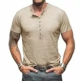 Henley Shirt Herren Kurzarm T-Shirts für Herren V Ausschnitt Vintage Slim Fit Kurzarm Knopf T-Shirt Khaki XL