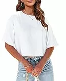 Tankaneo Damen Crop Tops Kurzarm T-Shirts Sommer Fitness Oversize Oberteile Crew Neck Bauchfrei Sportshirt
