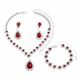 FDEETY Schmuckset für Damen Modische Elegante Schmuck Braut Tropfen Halskette Armbänder Strass Ohrringe Set Anhänger Schmuck Set Geschenke Schmuck(Rot)
