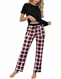 Uniexcosm Schlafanzug Damen Lang Zweiteiler Pyjama Set Kurzarm Rundhals Oberteil und Karierte Pyjamahose Sleepwear für Frauen Schwarz L