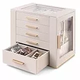 Homeanda Großes Schmuckkästchen für Frauen - 5 Lagen PU Leder Aufbewahrungsbox für Ringe, Ohrringe, Halsketten, Armbänder, Uhren & Haarschmuck（Beige）