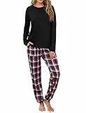 Uniexcosm Schlafanzug Damen Lang Zweiteiler Pyjama Set Rundhals Oberteil und Karierte Pyjamahose Herbst Winter Loungewear für Frauen Schwarz L