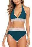 Aidotop Damen Bikini Set Bademode Bauchkontrolle Hohe Taille Bikini Sets Hohe Taille V Ausschnitt Verstellbar Zweiteiliger Badeanzug Swimsuit（3Dark Blue，L）