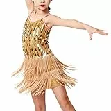 LOLANTA Mädchen Pailletten Fransen Tanzkostüm, Kinder Salsa Rumba Latein Tanzkleidung Set, Glitzerndes ärmelloses Quasten Tanz Mini Kleid mit Shorts, Gold, 10-11 Jahre, 150