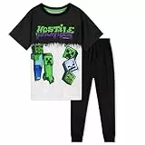 Minecraft Schlafanzug Jungen Pyjama Kinder 5-14 Jahre Winter Nachtwäsche Oberteil Pyjamahose Lang für Junge & Teenager (Schwarz/Weiss, 9-10 Jahre)