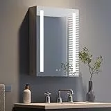 Dripex Spiegelschrank Bad mit Beleuchtung, Grau LED Badezimmerschrank mit Spiegel, Dimmbar, 3 Lichtfarbe Einstellbar, Steckdose und Glasablage, Rechtstürig, Beschlagfrei Verbesserte Version 50 x 70 cm