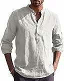 Kvruhuiy Herren Freizeithemd Langarm Baumwoll Leinenhemd Henley Hemd Men's Casual Beach Shirts Weiß L