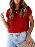 Saodimallsu Damen Kurzarm Pullover Sommer T-Shirt Sexy Crop Tops Loose Strickpullover Rundhalsausschnitt Leicht Dünne Strick Shirt Basic Oberteile Rot S