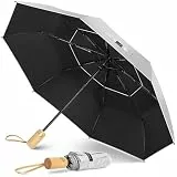 ZOMAKE Regenschirm Kompakt UV Schutz,Sonnenschirm Tragbar Automatik Mit Doppelter Abdeckung,Klein Taschenschirm Sturmfest Mit Holzgriff Für Herren Damen(Silber Schwarz-Doppelt)