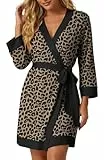 PrinStory Bademantel Damen Kurz 3/4 Ärmeln Kimono Robe V-Ausschnitt Morgenmantel Loungewear Lässig Saunamantel (Leopard Khaki, M)
