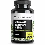 natural elements Vitamin C - 120 Kapseln - Hochdosiert mit 1000mg + 15mg Zink - Pflanzlich fermentiert & gepuffert (pH-neutral, säurefrei, magenschonend) - vegan, laborgeprüfte Qualität