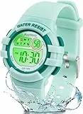 Ayybboo Kinderuhr Digital für Jungen Mädchen ab 4-15 Jahre,3 ATM Wasserdicht Armbanduhr Kinder mit 7-Farben LED,Digitaluhr Kinder mit Wecker,Stoppuhr,12/24H（Grün）