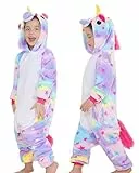 GEEKEO Onesie Pyjama Einhorn Kinder Schlafanzug, Mädchen Cosplay Costume Hoodie Kostüme Einhorn Pyjamas Nachtwäsche Fancy Dress Up Unisex Weihnacht Halloween Fasching Karneval Kostüm