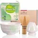 Goodwei Matcha Set mit Matcha Besen, Matcha Schale, Besenhalter aus Keramik und BIO Matcha Tee aus Japan | Geschenkset (Shiro)