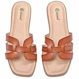Ataiwee Damen Flache Sandalen für den Sommer - Bequeme Pantoletten aus Kunstleder,Elegante und Lässige Slip-on Pantoletten mit Offener Spitze, (2307018,Hellbraun/MF,41 EU)
