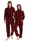 Loiahoer Unisex Erwachsene Plaid Onesie Pyjama Kapuze Weihnachten Passende PJS für Paare Jumpsuit Thermo mit Taschen Reißverschluss, schwarz/rot, XL