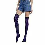 FGFD&OU Kniestrümpfe Überknie Gestreift Overknee Strümpfe Damen Warme Hohe Socken Thermo Lange Mädchen (Schwarz&Lila)