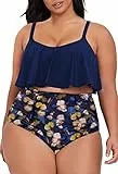 Viottiset Damen Übergröße 2-Teiliges Tankini-Set Bauchkontrolle Rüschen Geraffte Badeanzüge Crop-Top Bikini Blau 4XL