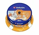 Verbatim DVD-R Wide Inkjet Printable 4.7GB I 25er Pack Spindel I DVD Rohlinge bedruckbar I 16-fache Brenngeschwindigkeit & Hardcoat Scratch Guard I DVD-R Rohlinge printable I DVD leer, 1206436, Spindle, 25 St. bedruckbar