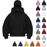 Generisch Zip Hoodie Herren Damen Einfarbig Kapuzenpullover Warm Mit Sturmhaube Casual Reißverschluss Und Tasche Lockeres Sweatjacke Y2K Tops Fleece Winddichte Motor Fahrrad Kapuzenjacke Schwarz M