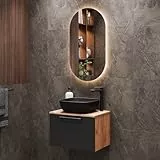 Planetmöbel Astra Badmöbel Set mit Waschtisch 60 cm Gold Eiche Anthrazit, Aufsatzwaschbecken 42 cm schwarz, Spiegel (mit LED) 50cm