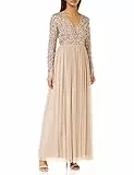 Maya Deluxe Damen Ladies Maxi Dress for Women with Long Sleeves V Neckline Plunging Sequin Embellished for Wedding Guest Bridesmaid Prom Kleid, Taupe Blush,