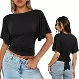 WIEIYM Damen Bluse mit Flügelärmeln Sommer Oberteil U-Boot-Ausschnitt Elegant Slim Fit Shirt mit Bindeband am Rücken Figurschmeichelndes Casual Top