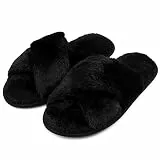 riemot Damen Hausschuhe Flauschig, Plüsch Pantoffeln Damen mit Kreuzband, Offener Zehenpartie, Memory Foam, Rutschhemmender TPR-Sohle, Home Slippers für Zuhause, Schwarz, gr.40-41