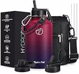 HydroPal Trinkflasche Edelstahl - 1200ml/1900ml mit Strohhalm und Henkel, BPA-Frei, Kohlensäure geeignet, flasche Metall, Aesthetic trinkflasche für Fitnessstudio (rot schwarz, 1900ml)