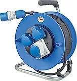 as - Schwabe Camping Kabeltrommel 25 m - mit Spannungsanzeige am CEE-Stecker - 2 Schutzkontakt- & 1 CEE-Steckdose 230V/16A/3-polig - Outdoor Kabeltrommel - Spritzwasserschutz IP44 - Blau, 10176