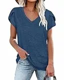PLOKNRD Damen Tops V-Ausschnitt Blütenblatt Ärmel T-Shirt Sommer Freizeit Kurzen Ärmeln Strand Oberteile(Dunkelblau,XL)