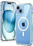 TAURI für iPhone 15 Hülle 6,1' mit Panzer Schutz Glas Folie, Kompatibel mit MagSafe, Schutz nach Militärstandard, [Anti-Vergilbung] Stoßfest Magnetisch Handyhülle - Durchsichtig