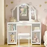 WOLTU Kinder Schminktisch mit Hocker Spiegel, Abnehmbarer Dreifachspiegel, Kleiner Frisiertisch mit 4 offenen Fächern, verstellbare Einlegeböden, Mädchen Kosmetiktisch, weiß, MDF, MB6120ws