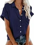 Glacspyg Bluse Damen Elegant Casual Work Shirt Bluse 100% Baumwolle Damen Blusen Sommer Short Shirt Tops Bluse Blau XL