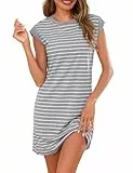 Uniexcosm Nachthemd Damen Kurz Baumwolle Kurzarm Schlafkleid mit Streifen Bequemes Nachtkleid mit Rundhals Sleepshirt für Frauen Hellgrau 3XL