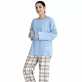 Damen Schlafanzug, Schlafanzug Damen Lang Pyjama Karierte Hosen + Rundhals Langarmshirt Lässige Bequeme Schlafanzüge Nachtwäsche Freizeit Elegant Zweiteiler Casual Weiche Hausanzug