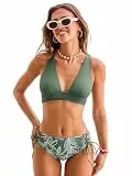 CUPSHE Damen Bikini Set V Ausschnitt Lace Up Bikini Bademode Crossback Low Waist Zweiteiliger Badeanzug Swimsuit Ziegelrot Eukalyptusgrün/Weiß Floral M