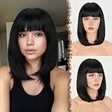 FESHFEN Kurze Bob Perücke mit Pony für Damen - Synthetik, Gerade, Schwarz, 35 cm
